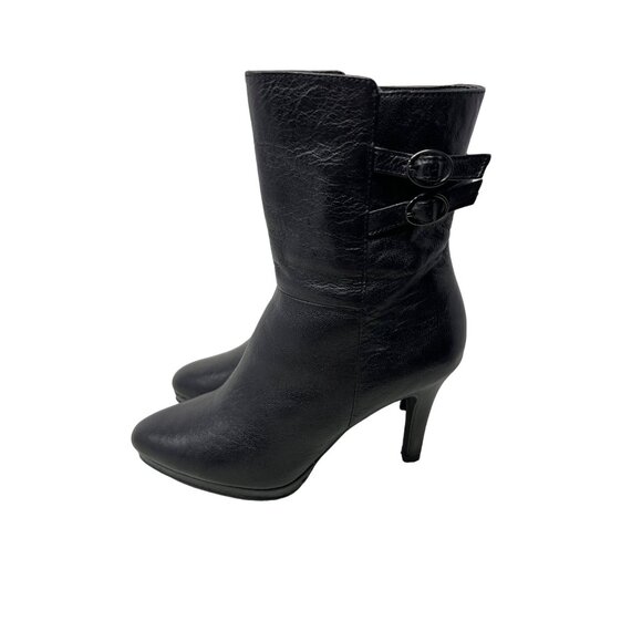 Tahari Boots Size 6 Goodwin Leather Ankle Stiletto Heel Zip Almond Toe Black - Picture 2 of 8